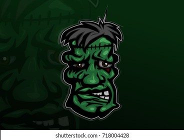 Frankenstein Head in sport team mascot style, a bit cartoonish, could be used in Halloween design as an element or wallpaper, background. 