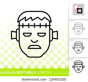 Frankenstein head thin line icon. Outline sign of zombie face. Halloween monster linear pictogram with different stroke width. Simple vector transparent symbol. Zombi editable stroke icon without fill
