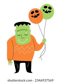 Frankenstein hold balloons . Halloween cartoon characters . Vector .