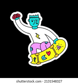 Frankenstein holding brain and freestyle with skateboard, illustration for t-shirt, sticker, or apparel merchandise. With doodle, retro, and cartoon style.