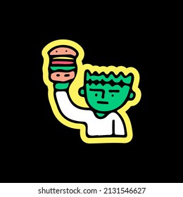 Frankenstein holding burger, illustration for t-shirt, sticker, or apparel merchandise. With doodle, retro, and cartoon style.