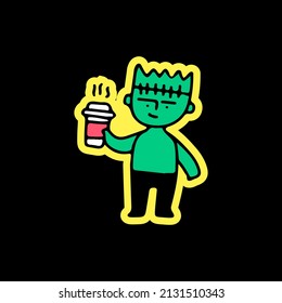 Frankenstein holding cup of coffee, illustration for t-shirt, sticker, or apparel merchandise. With doodle, retro, and cartoon style.