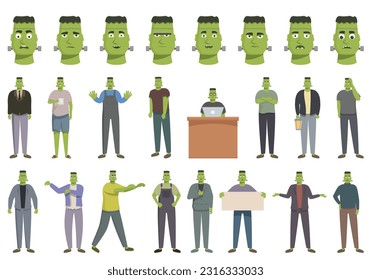 Los iconos Frankenstein establecen el vector de dibujos animados. Monstruo de cara. Fiesta verde