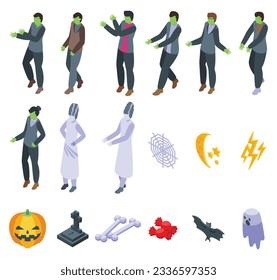 Frankenstein icons set isometric vector. Face monster. People party