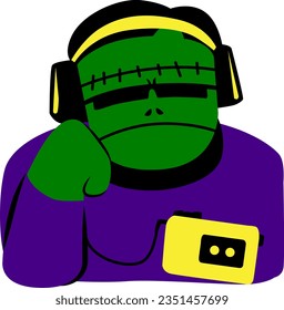 Frankenstein listening to music with a headset