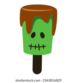 Frankenstein lollipop vector isolated. Halloween candy, trick or treat, sweet delicious food. Green head with chocolate. Party decoration.