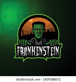 Frankenstein mascot cartoon logo with graveyard background illustration design vector