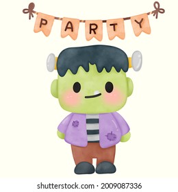 Frankenstein Monster Kinderkinder Halloween-Kinderkuchen süße Vektorgrafik für Partycharakter: Serientrick oder Leckerbissen (Girly Girly Girly Doodle). Handzeichnung Illustration für Kinder Modekunst, Cartoon.