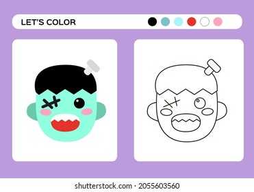 Frankenstein Monster Cartoon Color Book. Coloring education for kids. Happy Halloween game.