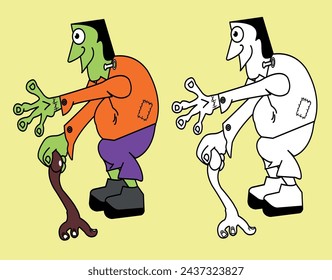 Frankenstein Monster niedlich Cartoon lustig . In voller Farbe und Schwarz-Weiß, auf einem hellen Hintergrund