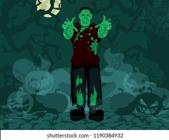 Frankenstein monster Halloween costume isolated on abstract background, flat design vector illustration