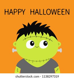 Frankenstein monster. Happy Halloween. Cute cartoon funny spooky baby character. Green head face. Greeting card. Flat design. Orange background. Isolated. Vector illustration