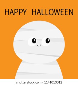 Frankenstein monster. Happy Halloween. Cute cartoon funny spooky baby character. Green head face. Greeting card. Flat design. Orange background. Isolated. Vector illustration