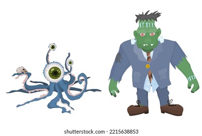 frankenstein monster and sea monster octopus. cartoon image vector