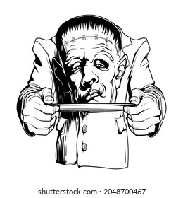 Frankenstein Monster serving his head on a tray. Halloween character design. Black and white line drawing isolated on white background. EPS10 Vector illustration.