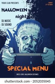 Frankenstein Monster serving his head on a tray. Moonlight Halloween party flyer template. A4 format. EPS10 Vector illustration.