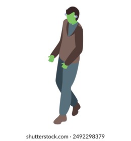 Frankenstein monster walking in brown sweater, isometric character design