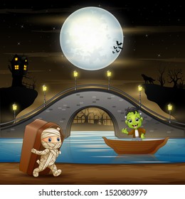 Frankenstein and mummy in halloween night background