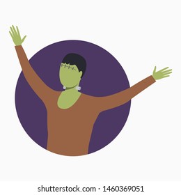 Frankenstein with outstretched arms on round background. Halloween, cartoon characters, costume. Vector illustration for poster, leaflet, brochure