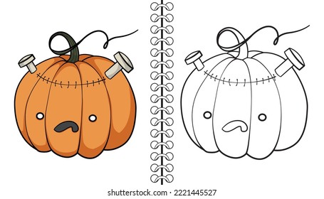 Frankenstein Pumpkin. Coloring book, outline and doodle cute pumpkin characters. Halloween, trick or treat coloring book page activity for kids and adults. Hand drawn vector illustration. 