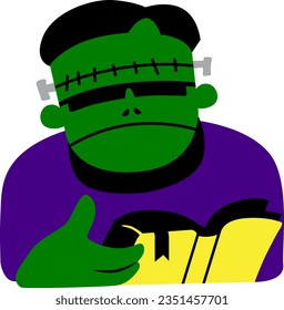 Frankenstein reading a thick book