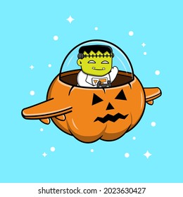 Frankenstein Riding Spaceship Cartoon Vector Illustration. Halloween Character Icon Illustration Isolated on Blue Background. Good for a Zombie mascot, Astronaut Icon, emoticons, sticker.