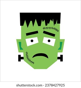 Vector Frankenstein Sad Emotion, ilustración de Scary Spooky Halloween Monster. Halloween con tarjeta, imprenta.  Monstruo zombi muerto. La cara de Frankenstein.