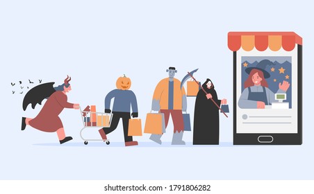 Frankenstein with a shopping bag and angels of death and pumpkin monster walking to the cashier in smartphone.  Illustration about shopping online in Halloween tradition of devil group.