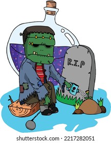 Frankenstein sits lonely with his best friend's flowers. Stroll through the graveyard on Halloween night.