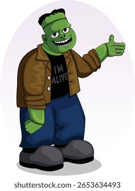 Frankenstein Smiling and Giving a Thumbs Up. Halloween Stitched Green Monster Illustration
