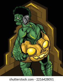 A frankenstein, a strong monster with his love friend, Halloween pumpkin.