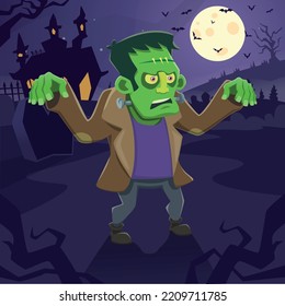 Frankenstein walking with halloween background
