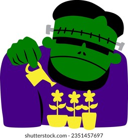 Frankenstein watering flowers in pots