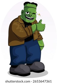 Frankenstein Winking and Giving a Tumbs Up. Friendly Green Stitched Monster Illustration