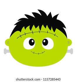 Frankenstein Zombie monster round face icon. Happy Halloween. Cute cartoon funny spooky baby character. Green head. Greeting card. Flat design. White background. Isolated. Vector illustration