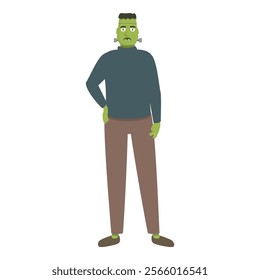 Frankenstein's monster is casually dressed and standing with his hand in his pocket