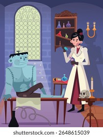 Frankenstein's Monster in Laboratory com ilustração de cientista feminina
