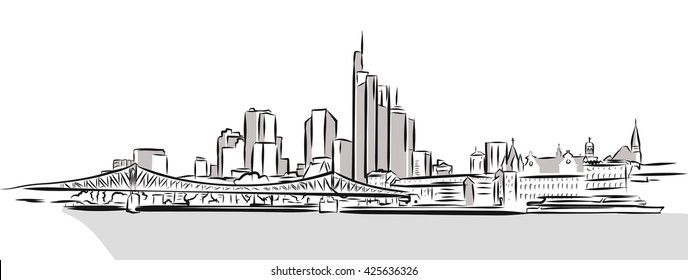 Frankfurt Main Downtown Outline Sketch. Hand Drawn Vector Illustration.
