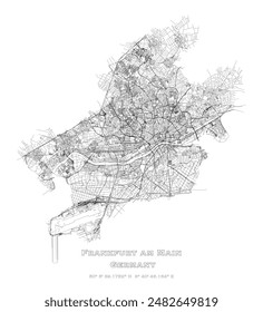 Francfort del Meno, Alemania, mapa de precisión, detalle Mapa de carreteras de las calles, elemento de Vector editable Imagen de Plantilla para la comercialización, producto, arte de pared