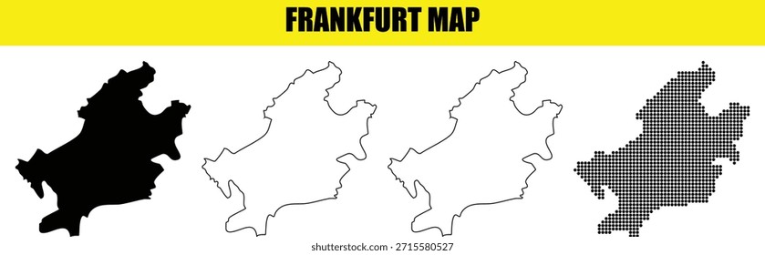 Gráficos de Vector de colección de mapas de Frankfurt. Mapas detallados de las guías de viaje de Alemania. Incluye silueta negra, relleno blanco, contorno y versiones de patrones punteados para el diseño.