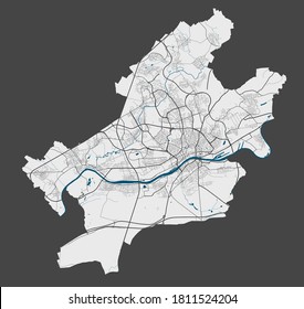 Frankfurt map. Detailed map of Frankfurt city administrative area. Cityscape panorama. Royalty free vector illustration. Outline map with highways, streets, rivers. Tourist decorative street map.