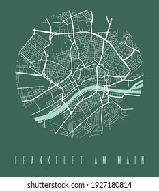 Frankfurt map poster. Decorative design street map of Frankfurt am Main city. Cityscape aria panorama silhouette aerial view, typography style. Land, river, highways, avenue. Round circular vector.