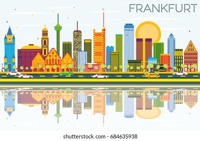 Frankfurt Skyline with Color Buildings, Blue Sky and Reflections. Vector Illustration. Business Travel and Tourism Concept with Modern Buildings. Image for Presentation Banner Placard and Web Site.