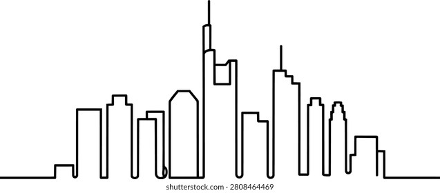 Frankfurt skyline continuous line drawing with city typography. This black line art design features a minimalist urban silhouette of Germany's major financial hub.