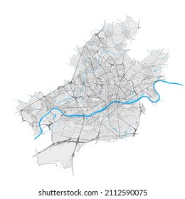 FrankfurtamMain, Hessen, Deutschland, hochauflösende Vektorkarte mit Stadtgrenzen und bearbeitbaren Wegen. Weiße Umrisse für Hauptverkehrsstraßen. Viele detaillierte Wege. Blaue Formen und Linien für das Wasser.