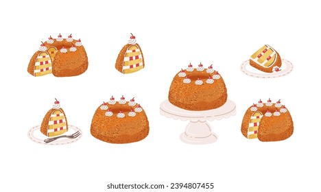 Pastel de corona Frankfurter kranz pastoso dulce o postre de alemania con krokant.Diferentes piezas.Ilustración vectorial al estilo de las caricaturas aisladas en fondo blanco