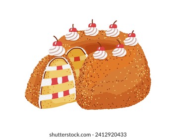 Pastel de la corona Frankfurter kranz pastoso dulce o postre de alemania con krokant.Ilustración vectorial al estilo de las caricaturas aisladas en fondo blanco