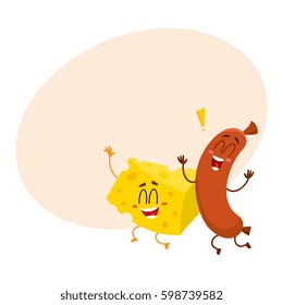 Frankfurter sausage and cheese chunk characters dancing happily together, cartoon vector illustration with place for text. Funny cheese and sausage characters, mascots with human faces