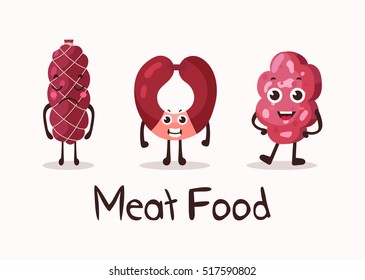 Frankfurter sausage and meat roulade cartoon character with smiley faces. Isolated unhealthy food, kielbasa and weenie for dinner, wurst or beef. Steakhouse badge items, meat shop banner 