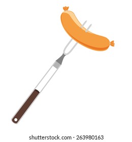 Frankfurter sausage on barbecue fork vector isolated, grilled sausage, hot dog